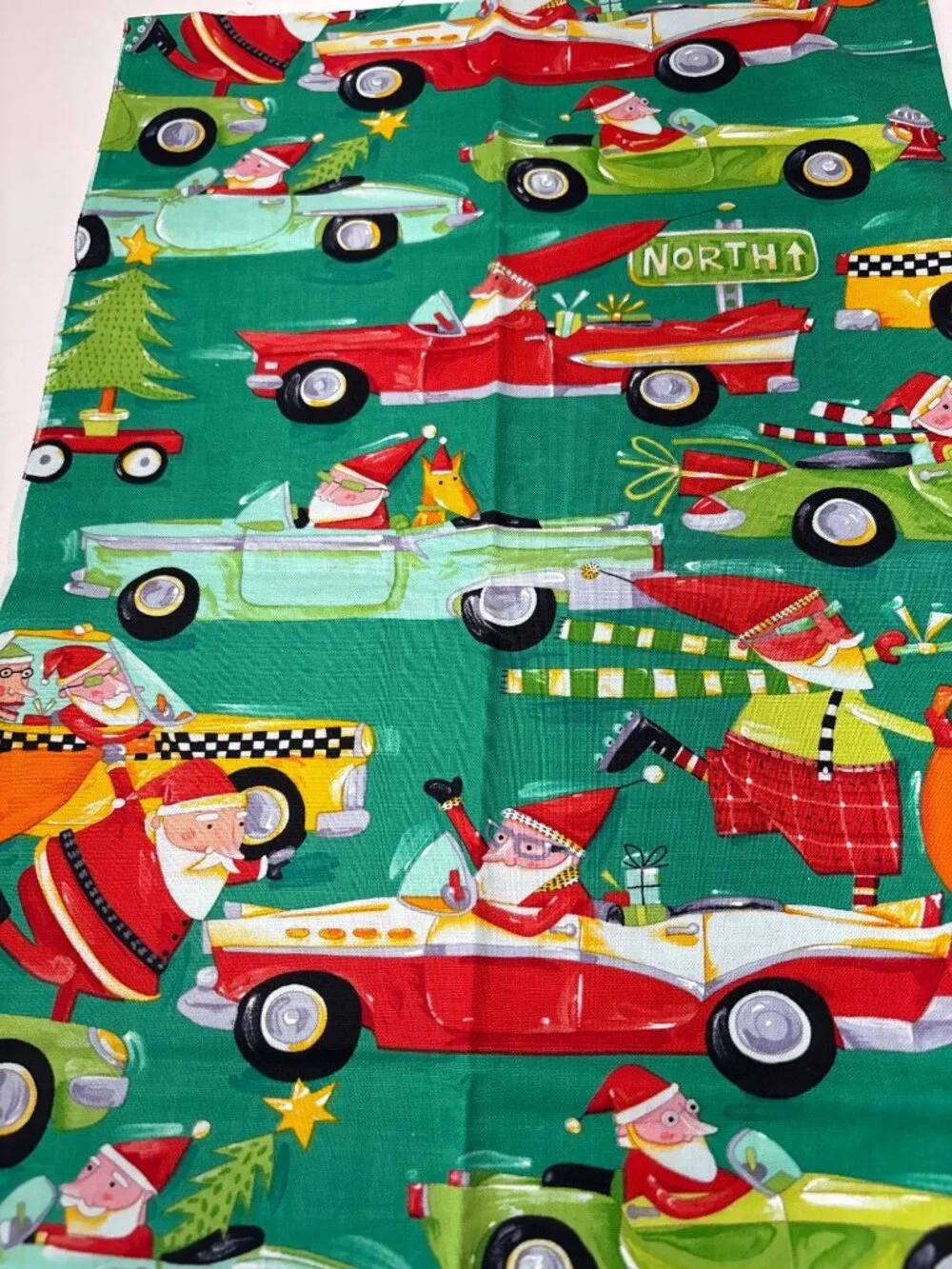 Christmas Santa Cars Cotton Fat Quarter Fabric 18x22 Festive Green Holiday Print